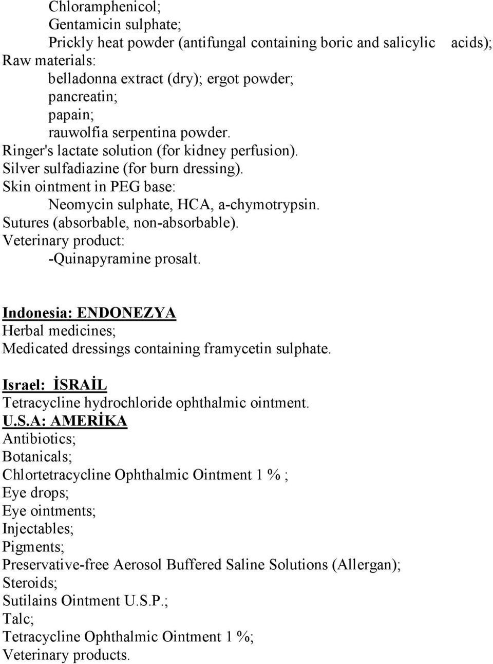Sutures (absorbable, non-absorbable). Veterinary product: -Quinapyramine prosalt. acids); Indonesia: ENDONEZYA Herbal medicines; Medicated dressings containing framycetin sulphate.