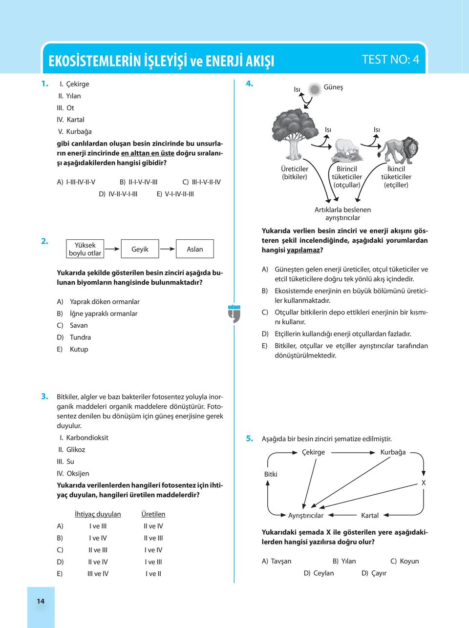 A) I-III-IV-II-V B) II-I-V-IV-III C) III-I-V-II-IV D) IV-II-V-I-III E) V-I-IV-II-III Üreticiler (bitkiler) Birincil tüketiciler (otçullar) İkincil tüketiciler (etçiller) Artıklarla beslenen