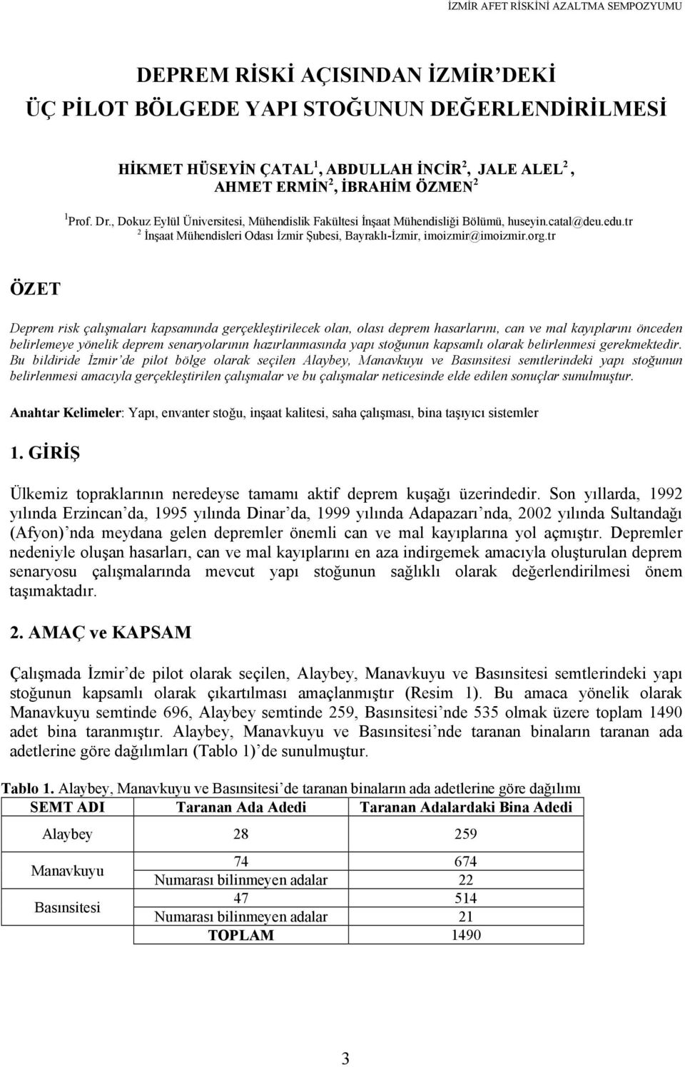 org.tr ÖZET Deprem risk çalışmaları kapsamında gerçekleştirilecek olan, olası deprem hasarlarını, can ve mal kayıplarını önceden belirlemeye yönelik deprem senaryolarının hazırlanmasında yapı