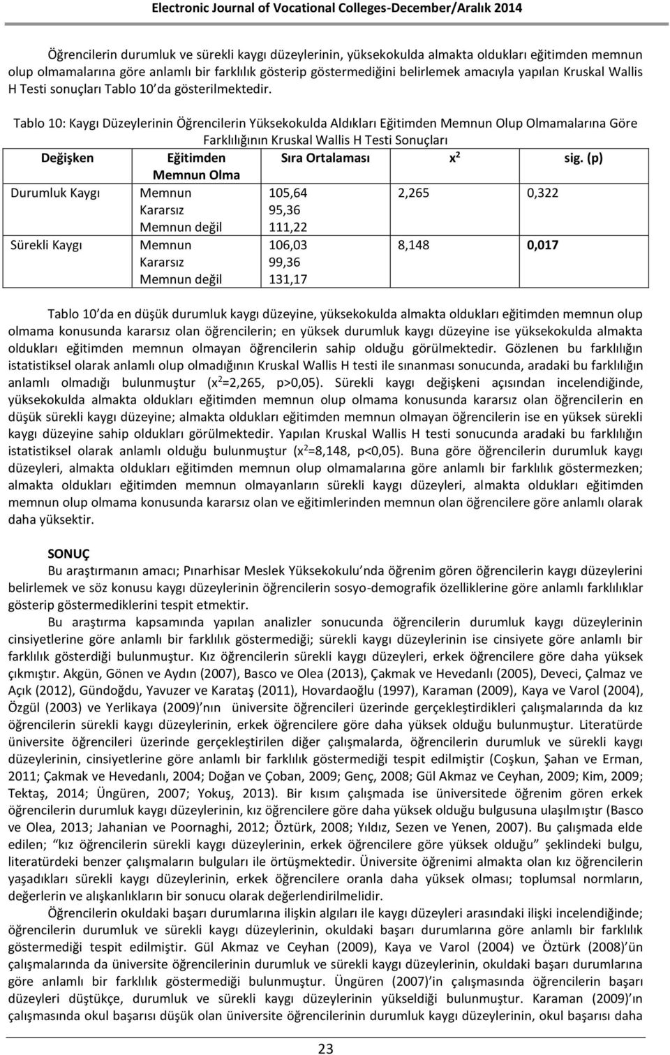 Tablo 10: Kaygı Düzeylerinin Öğrencilerin Yüksekokulda Aldıkları Eğitimden Memnun Olup Olmamalarına Göre Farklılığının Kruskal Wallis H Testi Sonuçları Değişken Eğitimden Sıra Ortalaması x 2 sig.