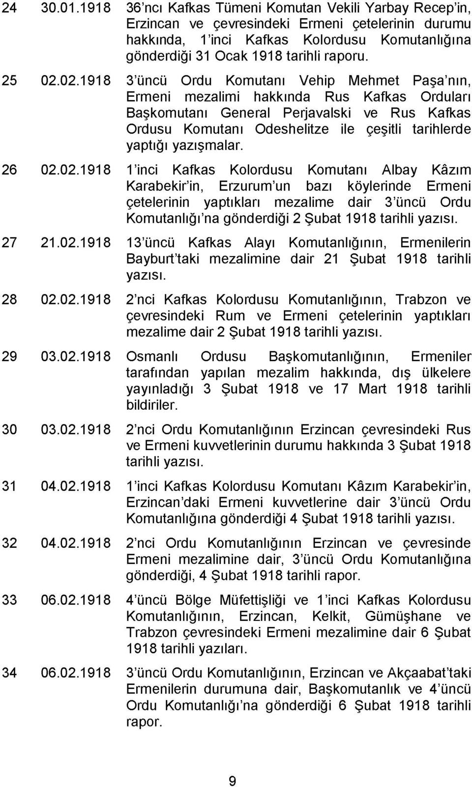 3 üncü Ordu Komutanı Vehip Mehmet Paşa nın, Ermeni mezalimi hakkında Rus Kafkas Orduları Başkomutanı General Perjavalski ve Rus Kafkas Ordusu Komutanı Odeshelitze ile çeşitli tarihlerde yaptığı