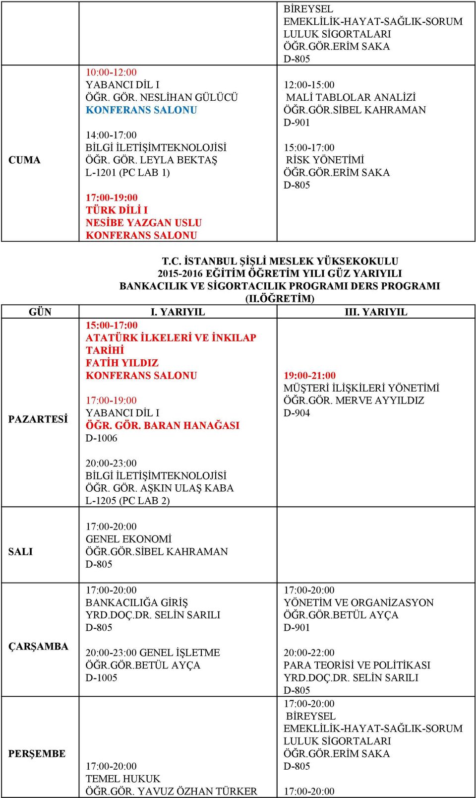 GÖR. AŞKIN ULAŞ KABA L 1205 (PC LAB 2) 19:00 21:00 MÜŞTERİ İLİŞKİLERİ YÖNETİMİ ÖĞR.GÖR. MERVE AYYILDIZ D 904 GENEL EKONOMİ ÖĞR.GÖR.SİBEL KAHRAMAN D 805 BANKACILIĞA GİRİŞ YRD.DOÇ.DR.