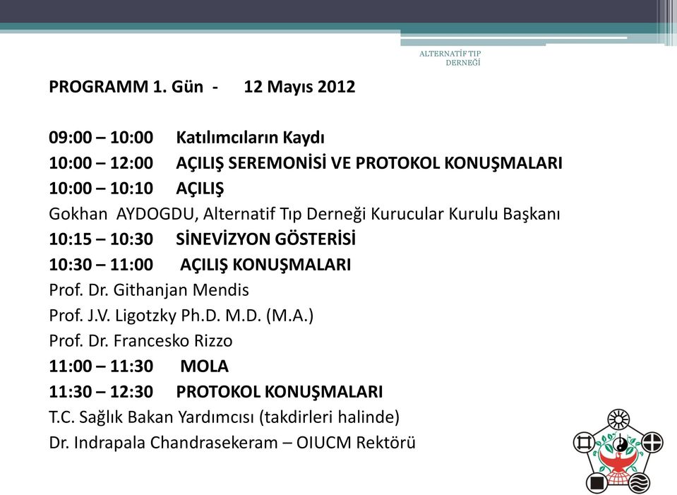 10:10 AÇILIŞ Gokhan AYDOGDU, Alternatif Tıp Derneği Kurucular Kurulu Başkanı 10:15 10:30 SİNEVİZYON GÖSTERİSİ 10:30 11:00 AÇILIŞ