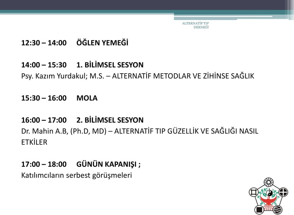 ALTERNATİF METODLAR VE ZİHİNSE SAĞLIK 15:30 16:00 MOLA 16:00 17:00 2.