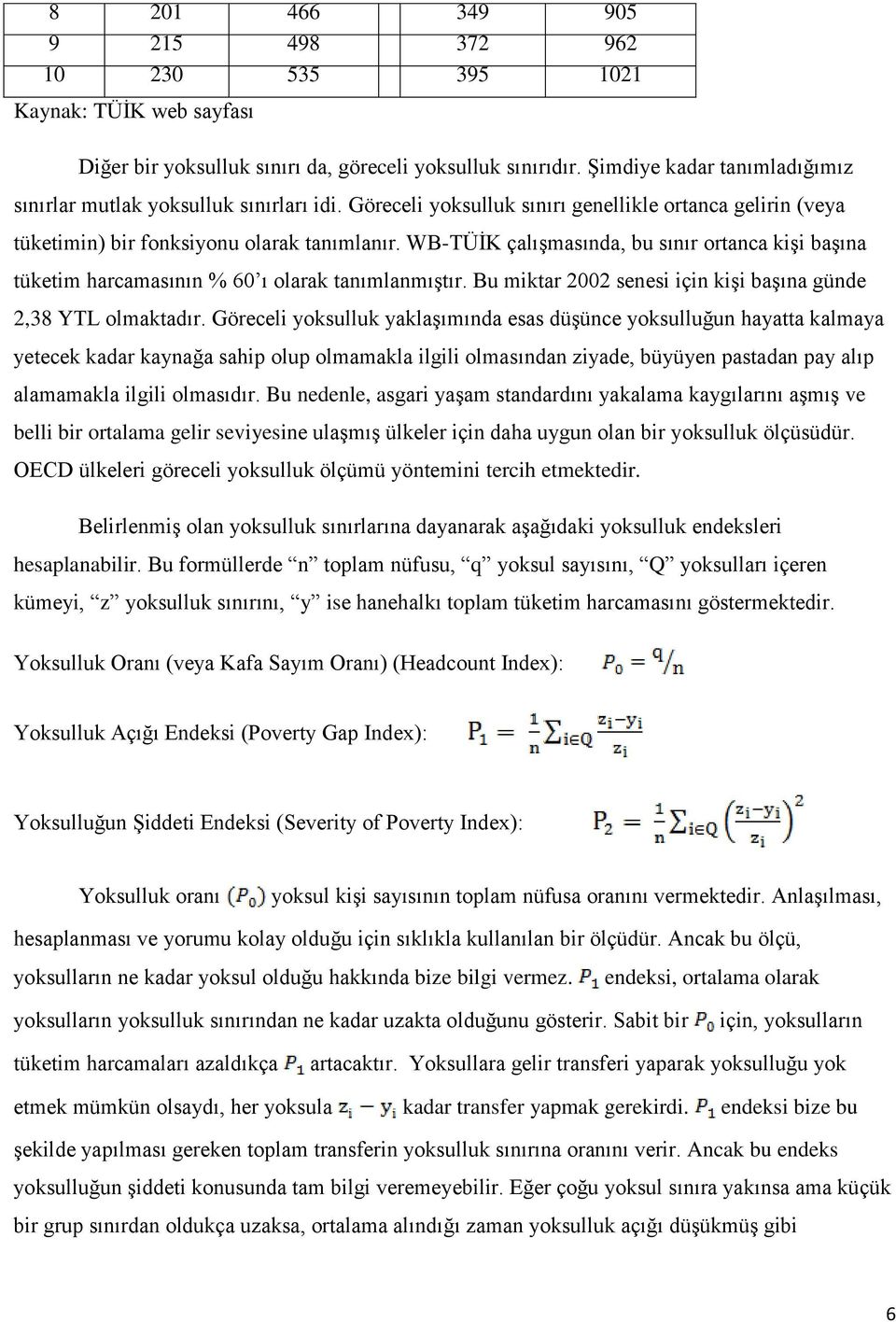 WB-TÜİK çalışmasında, bu sınır ortanca kişi başına tüketim harcamasının % 60 ı olarak tanımlanmıştır. Bu miktar 2002 senesi için kişi başına günde 2,38 YTL olmaktadır.