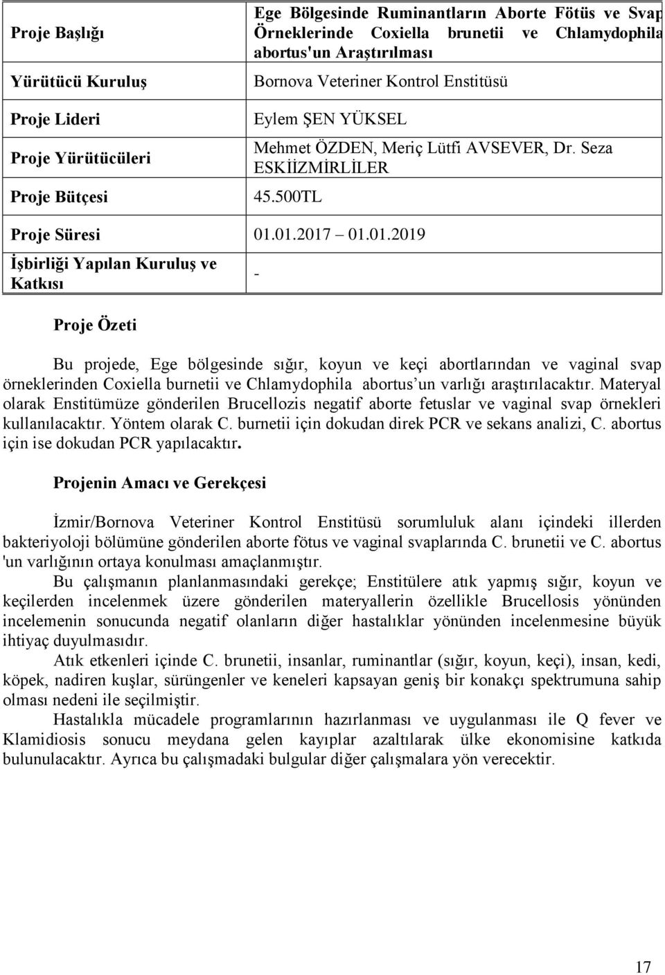 01.2017 01.01.2019 İşbirliği Yapılan Kuruluş ve Katkısı Proje Özeti - Bu projede, Ege bölgesinde sığır, koyun ve keçi abortlarından ve vaginal svap örneklerinden Coxiella burnetii ve Chlamydophila