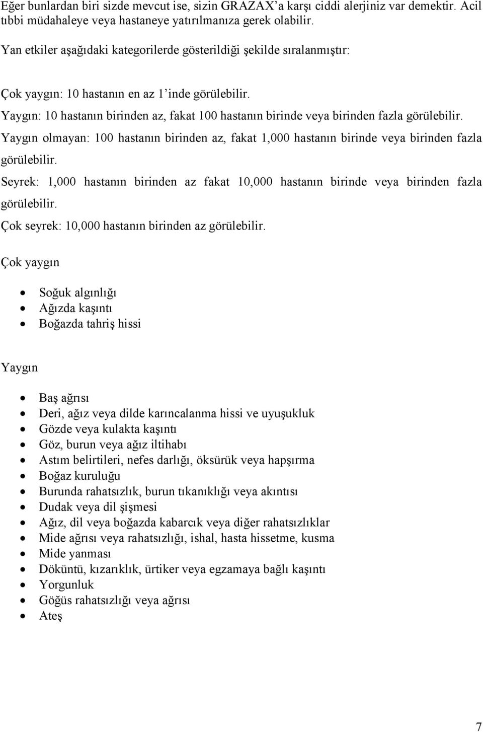 Yaygın: 10 hastanın birinden az, fakat 100 hastanın birinde veya birinden fazla görülebilir. Yaygın olmayan: 100 hastanın birinden az, fakat 1,000 hastanın birinde veya birinden fazla görülebilir.