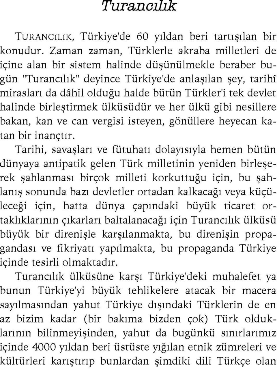 Türkler'i tek devlet halinde birleştirmek ülküsüdür ve her ülkü gibi nesillere bakan, kan ve can vergisi isteyen, gönüllere heyecan katan bir inançtır.