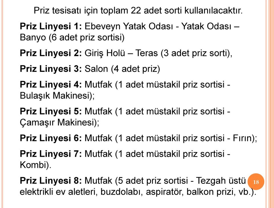 adet priz) Priz Linyesi 4: Mutfak (1 adet müstakil priz sortisi - Bulaşık Makinesi); Priz Linyesi 5: Mutfak (1 adet müstakil priz sortisi - Çamaşır