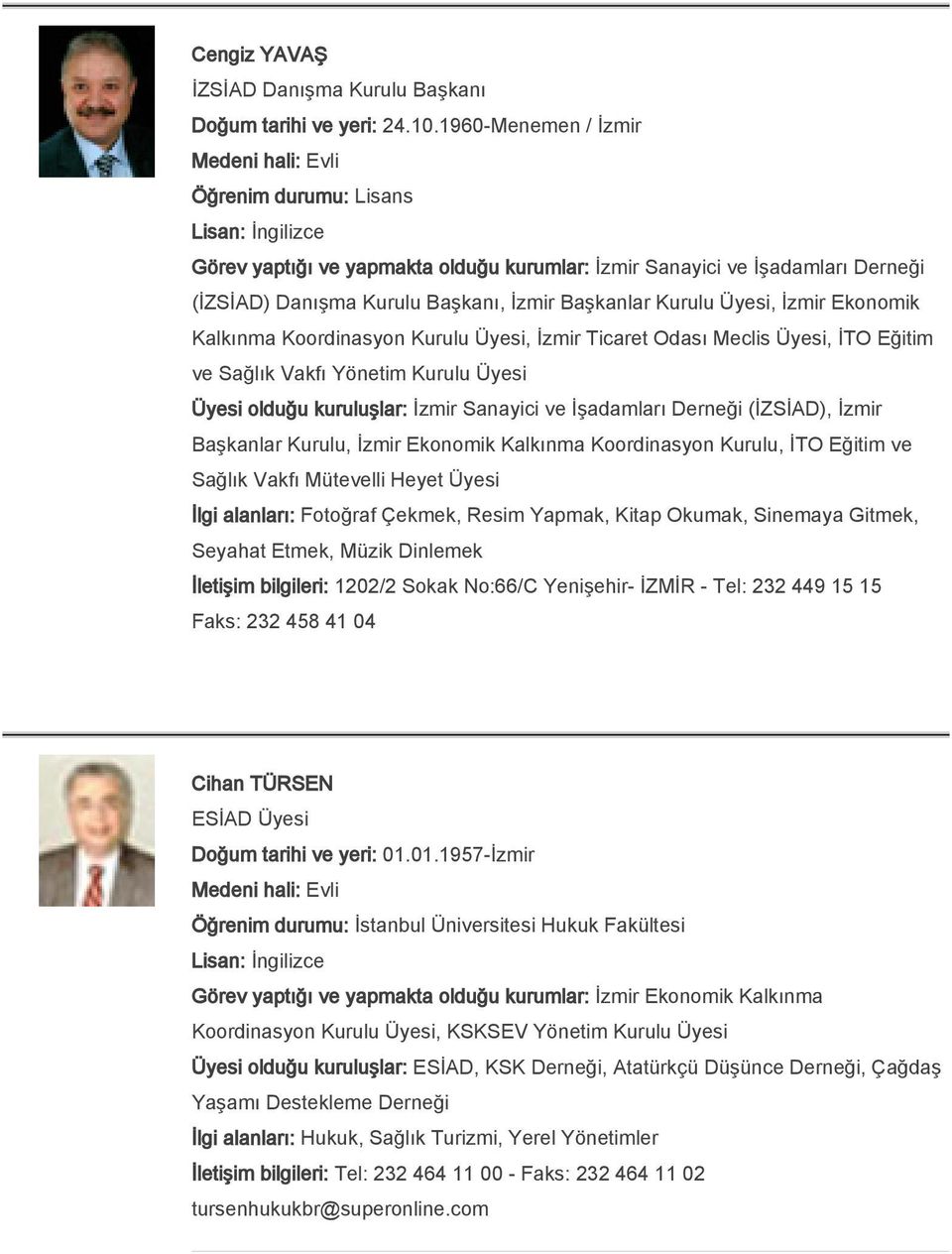 Koordinasyon Kurulu Üyesi, İzmir Ticaret Odası Meclis Üyesi, İTO Eğitim ve Sağlık Vakfı Yönetim Kurulu Üyesi Üyesi olduğu kuruluşlar: İzmir Sanayici ve İşadamları Derneği (İZSİAD), İzmir Başkanlar