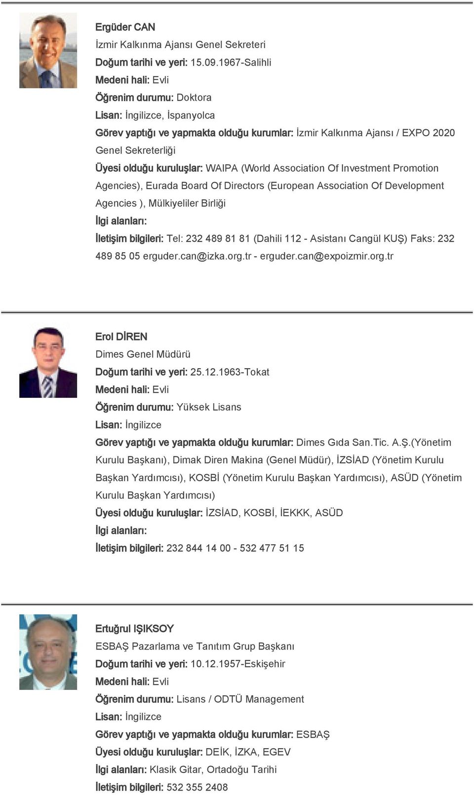 Investment Promotion Agencies), Eurada Board Of Directors (European Association Of Development Agencies ), Mülkiyeliler Birliği İletişim bilgileri: Tel: 232 489 81 81 (Dahili 112 - Asistanı Cangül