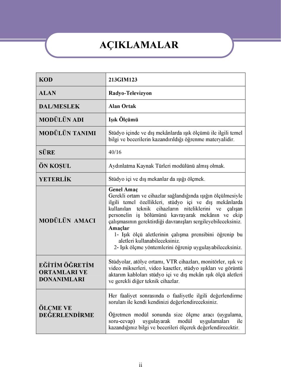 SÜRE 40/16 ÖN KOŞUL YETERLİK MODÜLÜN AMACI EĞİTİM ÖĞRETİM ORTAMLARI VE DONANIMLARI ÖLÇME VE DEĞERLENDİRME Aydınlatma Kaynak Türleri modülünü almış olmak. Stüdyo içi ve dış mekanlar da ışığı ölçmek.