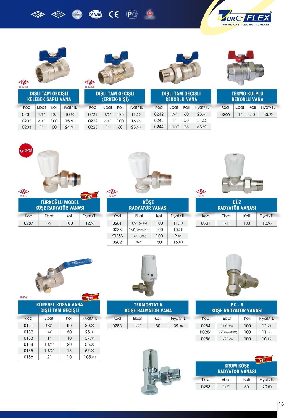 20 0244 1 1/4 25 53.90 TS-579 TÜRKOĞLU MODEL KÖŞE RADYATÖR VANASI Kod Ebat Fiyat/TL 0287 1/2 100 12.65 TS-579 KÖŞE RADYATÖR VANASI Kod Ebat Fiyat/TL 0281 1/2 (AĞIR) 100 11.