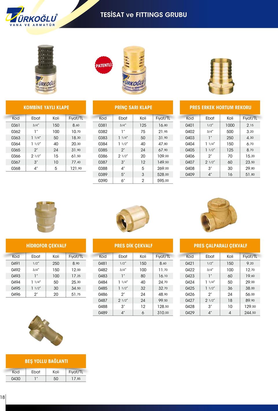 00 0389 5 3 528.00 0390 6 2 595.00 PRES ERKEK HORTUM REKORU Kod Ebat Fiyat/TL 0401 1/2 1000 2.15 0402 3/4 500 3.20 0403 1 250 4.30 0404 1 1/4 150 6.70 0405 1 1/2 125 8.70 0406 2 70 15.