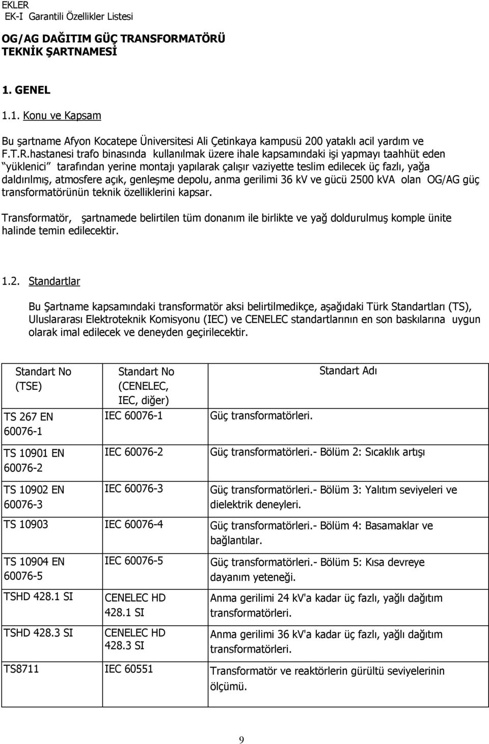 atmosfere açık, genleşme depolu, anma gerilimi 36 kv ve gücü 2500 kva olan OG/AG güç transformatörünün teknik özelliklerini kapsar.