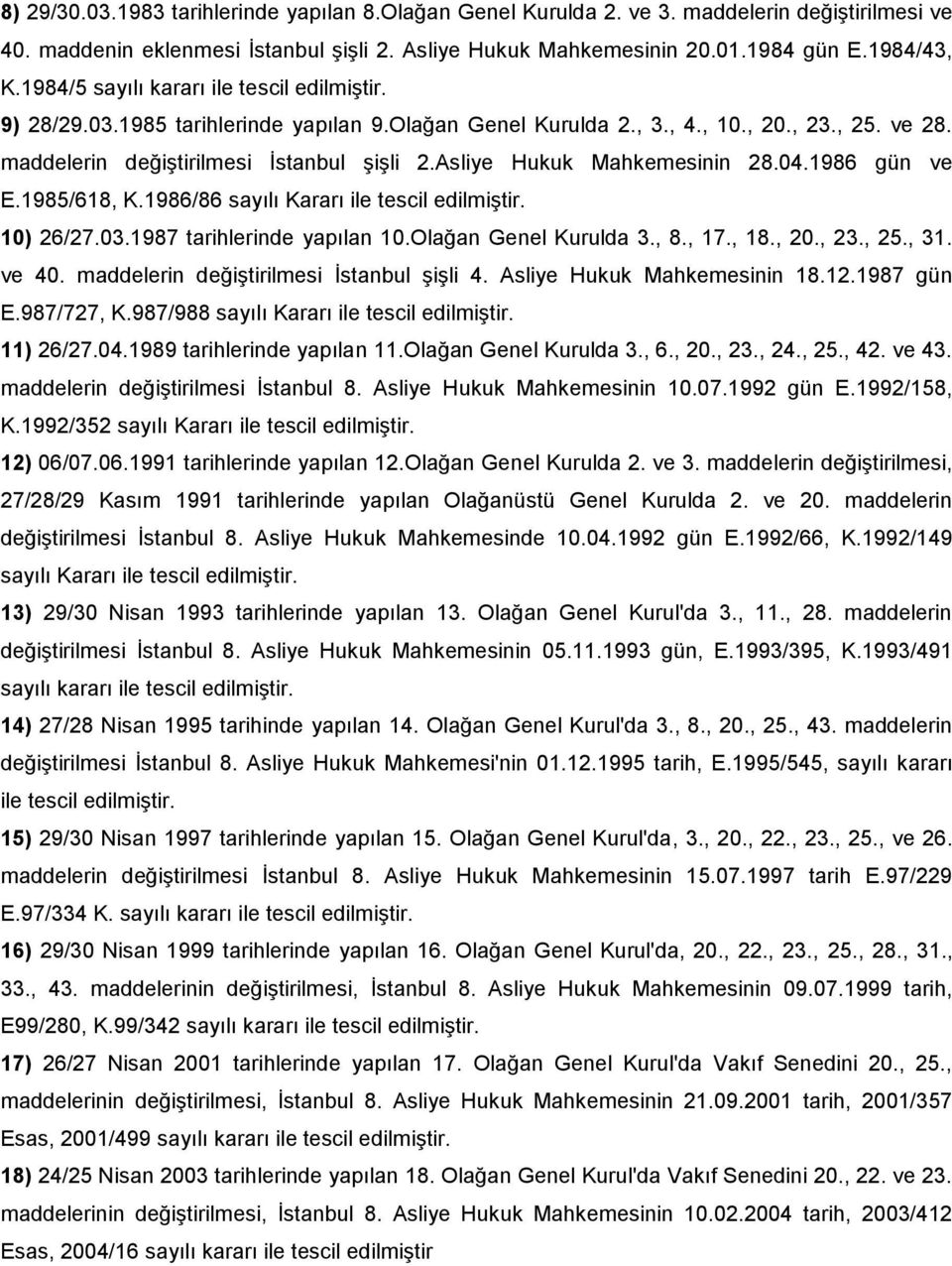 Asliye Hukuk Mahkemesinin 28.04.1986 gün ve E.1985/618, K.1986/86 sayılı Kararı ile tescil edilmiģtir. 10) 26/27.03.1987 tarihlerinde yapılan 10.Olağan Genel Kurulda 3., 8., 17., 18., 20., 23., 25.