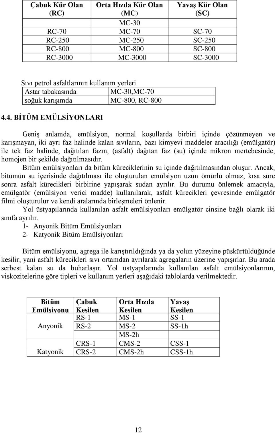 4. BĠTÜM EMÜLSĠYONLARI Geniş anlamda, emülsiyon, normal koşullarda birbiri içinde çözünmeyen ve karışmayan, iki ayrı faz halinde kalan sıvıların, bazı kimyevi maddeler aracılığı (emülgatör) ile tek