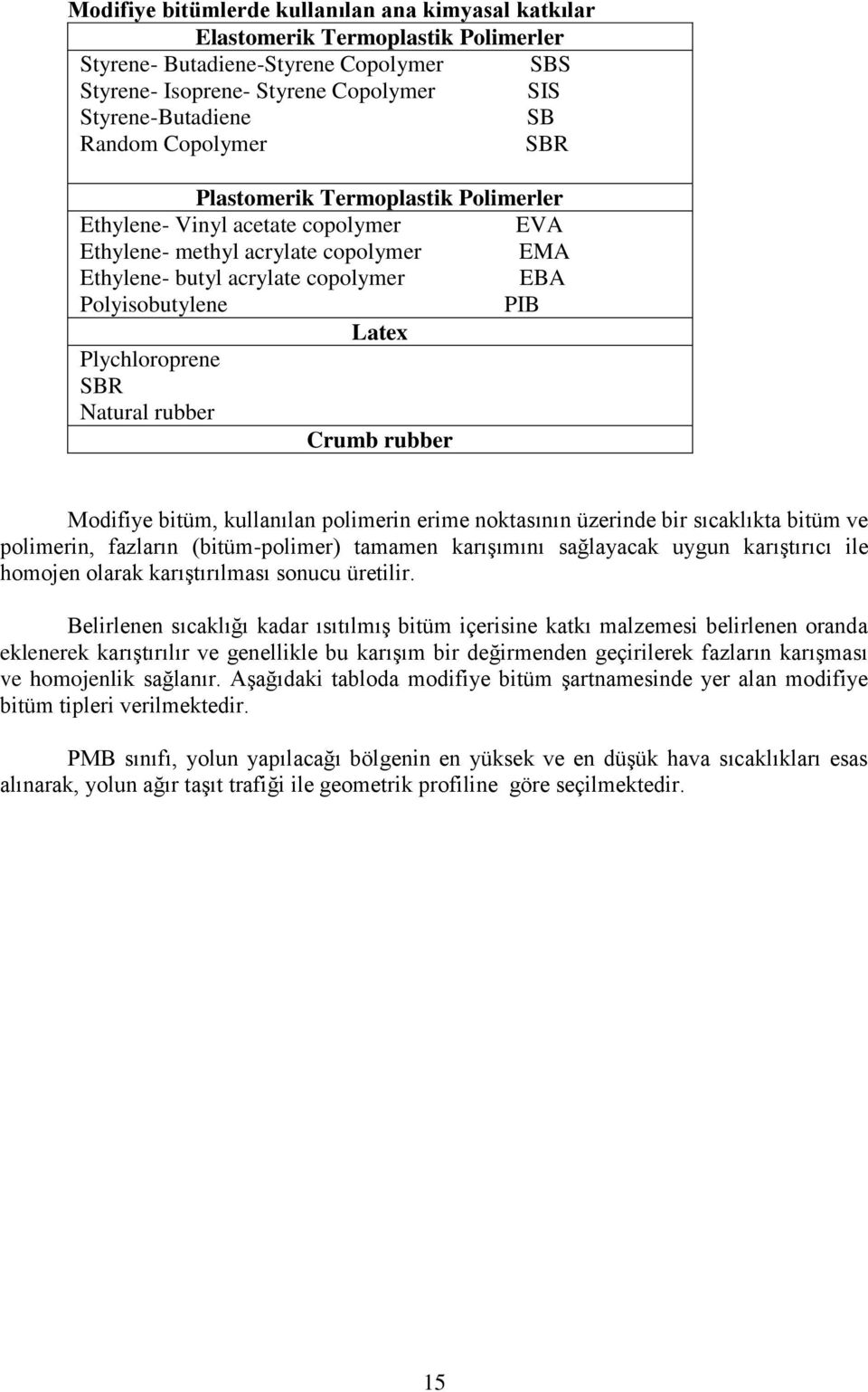 Plychloroprene SBR Natural rubber Crumb rubber Modifiye bitüm, kullanılan polimerin erime noktasının üzerinde bir sıcaklıkta bitüm ve polimerin, fazların (bitüm-polimer) tamamen karışımını sağlayacak