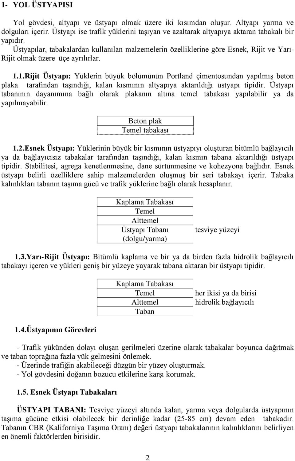 Üstyapılar, tabakalardan kullanılan malzemelerin özelliklerine göre Esnek, Rijit ve Yarı- Rijit olmak üzere üçe ayrılırlar. 1.