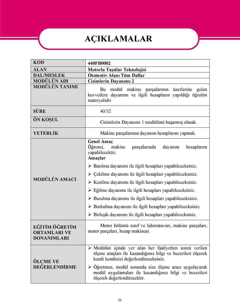 YETERLİK MODÜLÜN AMACI EĞİTİM ÖĞRETİM ORTAMLARI VE DONANIMLARI ÖLÇME VE DEĞERLENDİRME Makine parçalarının dayanım hesaplarını yapmak.