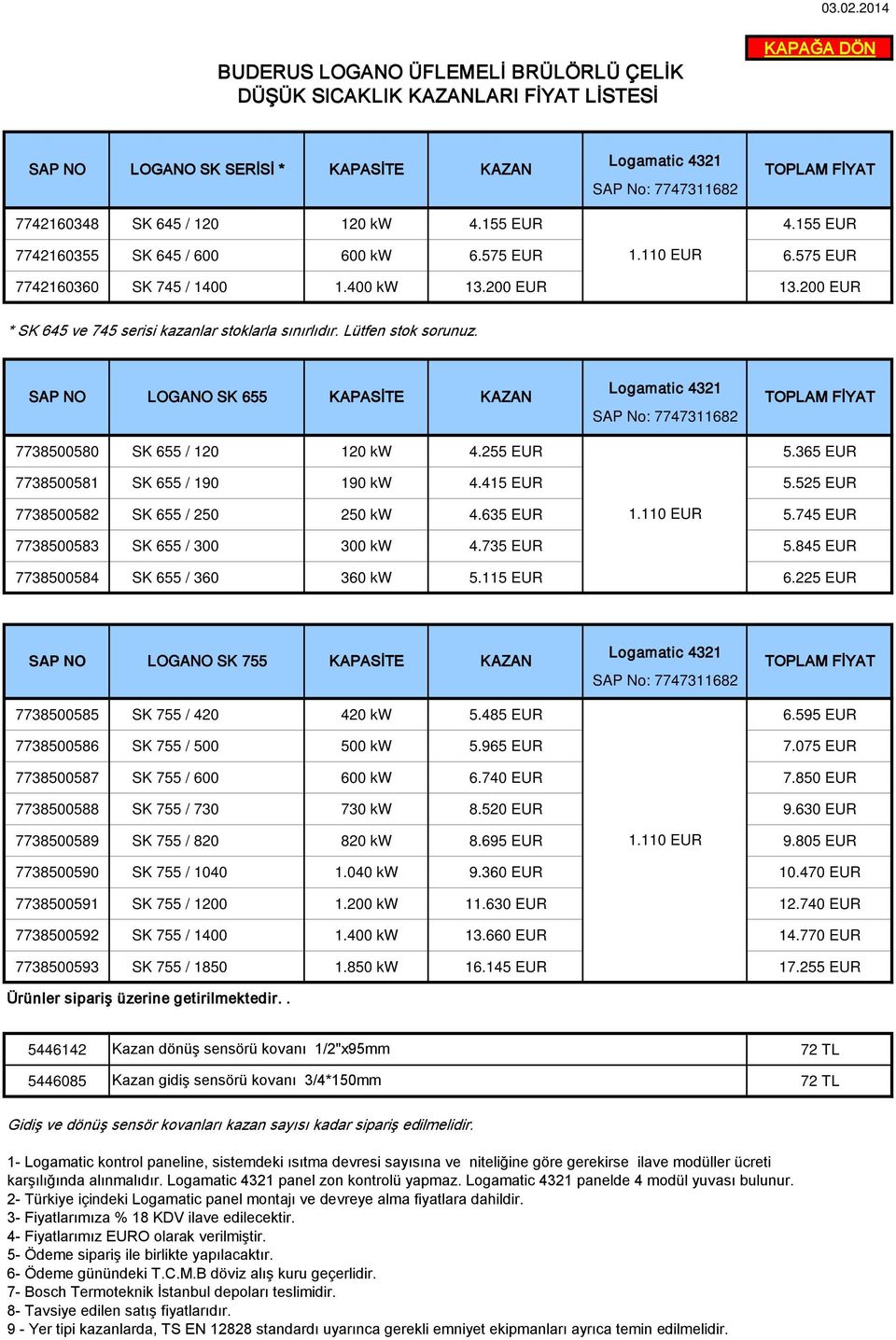 LOGANO SK 655 KAPASİTE KAZAN Logamatic 4321 SAP No: 7747311682 TOPLAM 7738500580 SK 655 / 120 120 kw 4.255 EUR 5.365 EUR 7738500581 SK 655 / 190 190 kw 4.415 EUR 5.