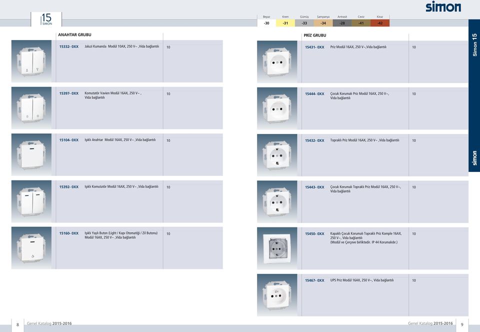 V~,Vida bağlantılı 10 15432-0XX Topraklı Priz Modül 16AX, 250 V~,Vida bağlantılı 10 15392-0XX Işıklı Komutatör Modül 16AX, 250 V~,Vida bağlantılı 10 15443-0XX Çocuk Korumalı Topraklı Priz Modül 16AX,