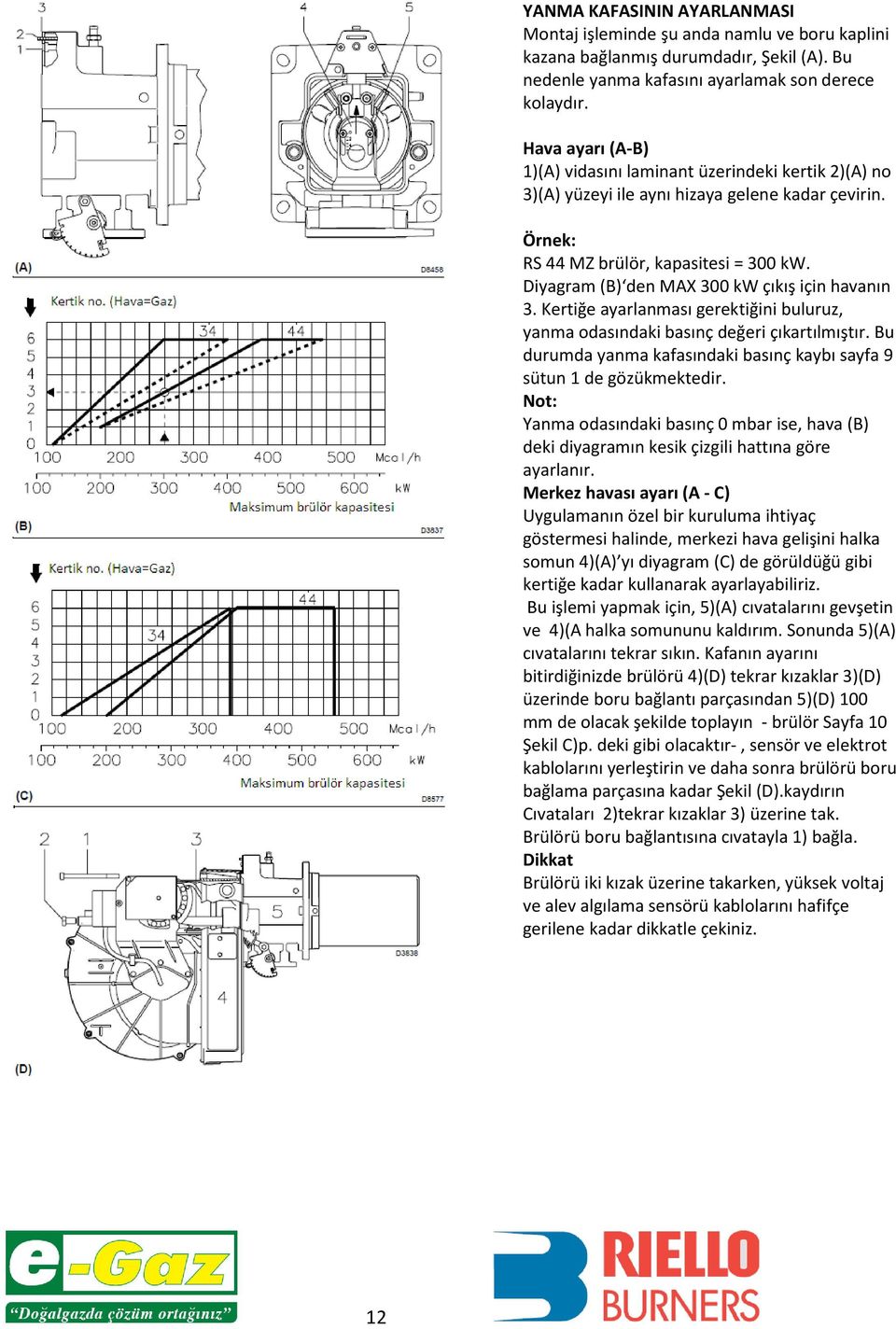 Diyagram (B) den MAX 300 kw çıkış için havanın 3. Kertiğe ayarlanması gerektiğini buluruz, yanma odasındaki basınç değeri çıkartılmıştır.