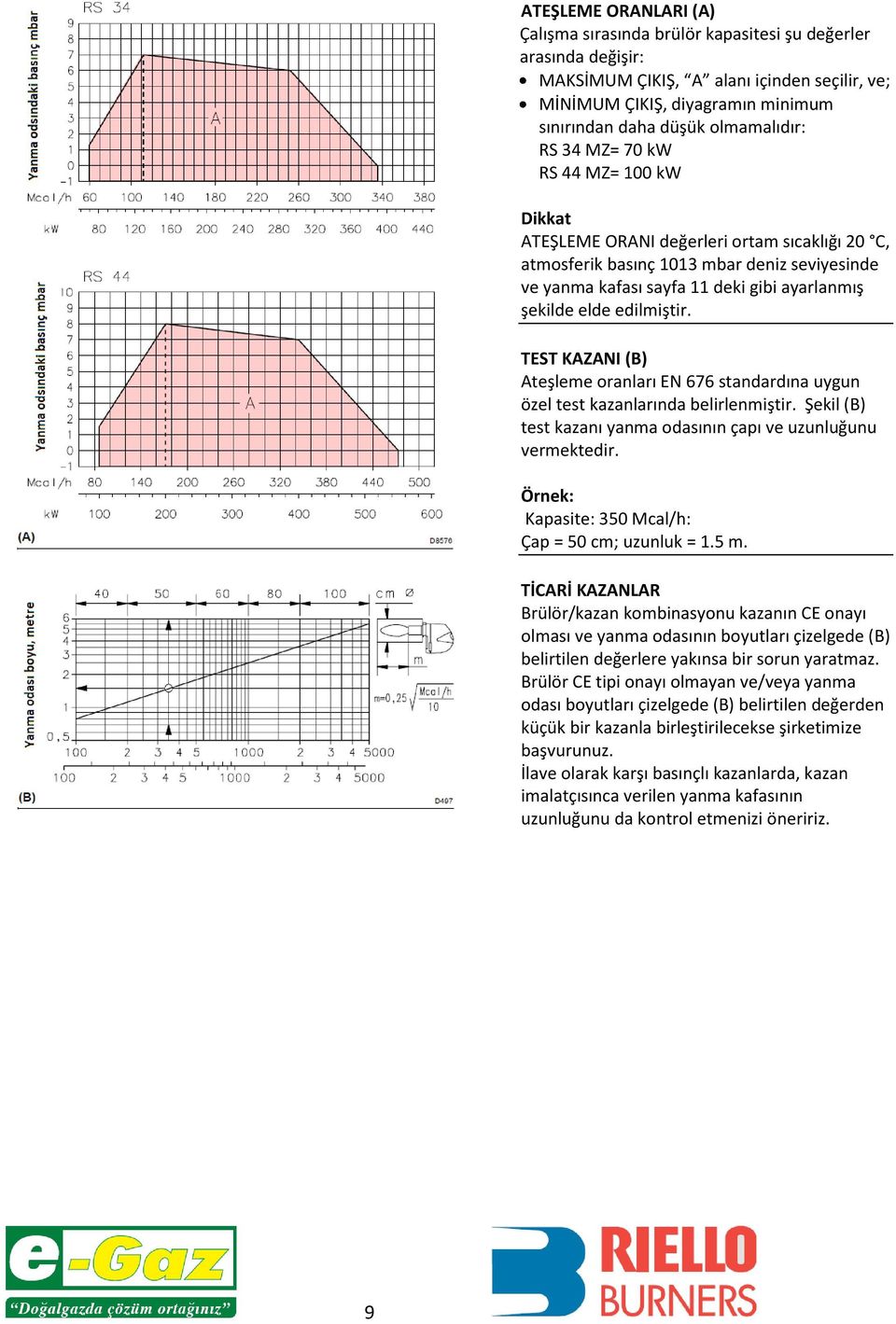 elde edilmiştir. TEST KAZANI (B) Ateşleme oranları EN 676 standardına uygun özel test kazanlarında belirlenmiştir. Şekil (B) test kazanı yanma odasının çapı ve uzunluğunu vermektedir.