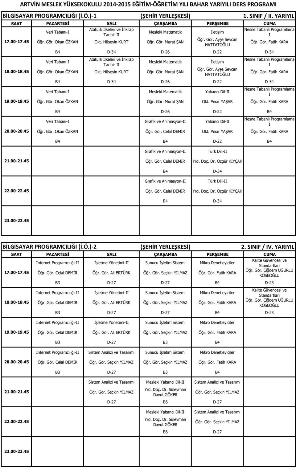 Pınar YAŞAR Öğr. Gör. Fatih KARA 20.00-20.45 B4 D-26 D-22 B4 Veri Tabanı-I Grafik ve Animasyon-II Yabancı Dil-II Nesne Tabanlı Programlama- I Öğr. Gör. Celal DEMİR Okt. Pınar YAŞAR Öğr. Gör. Fatih KARA B4 B4 D-22 B4 21.