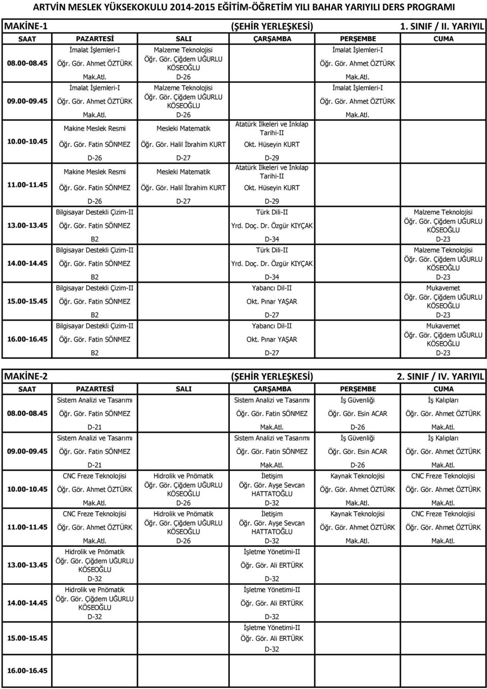 Gör. Halil İbrahim KURT D-26 D-27 D-29 Makine Meslek Resmi Mesleki Matematik Öğr. Gör. Fatin SÖNMEZ Öğr. Gör. Halil İbrahim KURT D-26 D-27 D-29 Bilgisayar Destekli Çizim-II Türk Dili-II Malzeme Teknolojisi Öğr.
