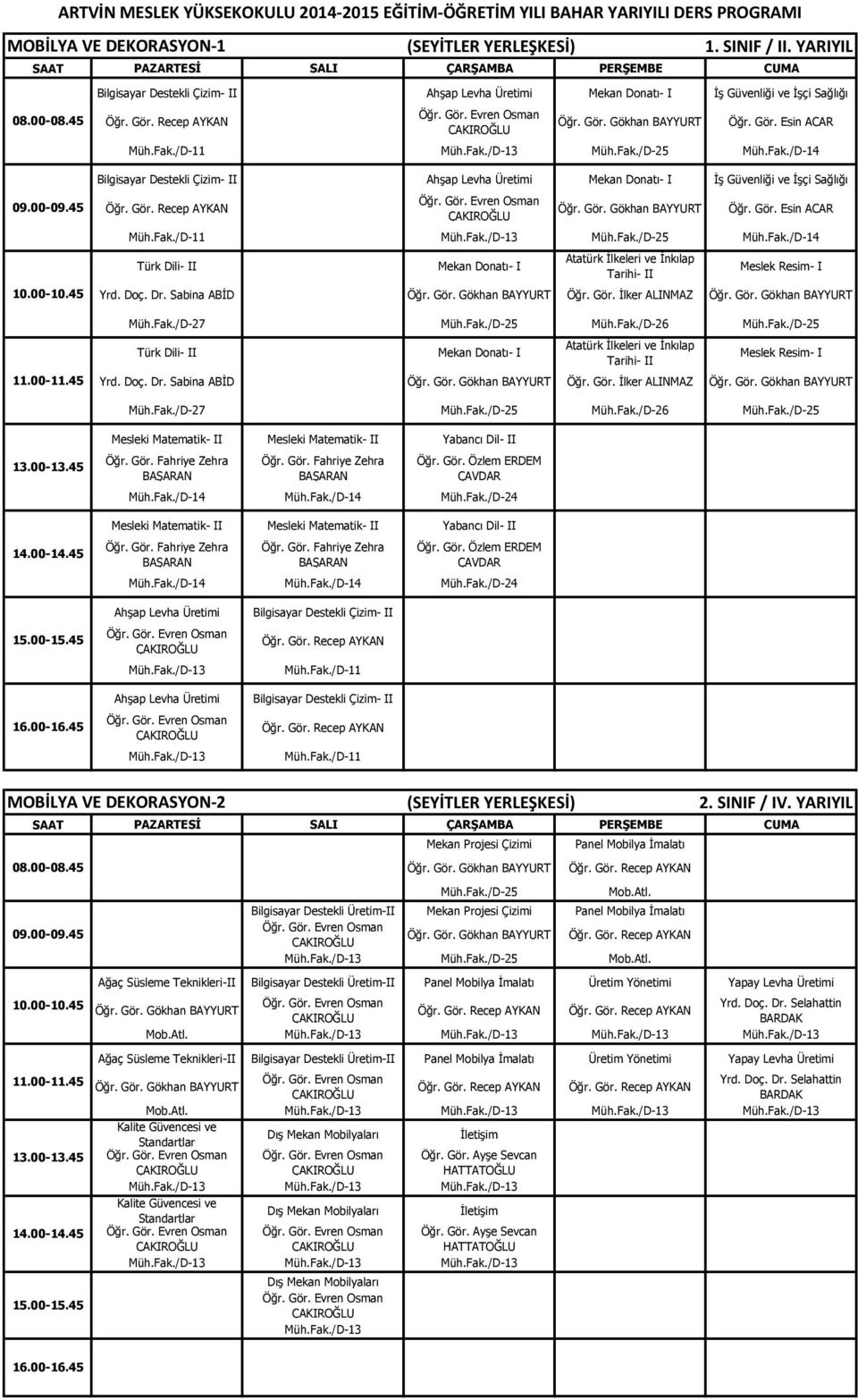 Fak./D-11 Müh.Fak./D-13 Müh.Fak./D-25 Müh.Fak./D-14 Türk Dili- II Mekan Donatı- I Meslek Resim- I Yrd. Doç. Dr. Sabina ABİD Öğr. Gör. Gökhan BAYYURT Öğr. Gör. İlker ALINMAZ Öğr. Gör. Gökhan BAYYURT Müh.