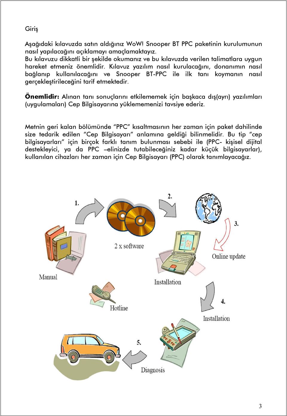 Kılavuz yazılım nasıl kurulacağını, donanımın nasıl bağlanıp kullanılacağını ve Snooper BT-PPC ile ilk tanı koymanın nasıl gerçekleştirileceğini tarif etmektedir.