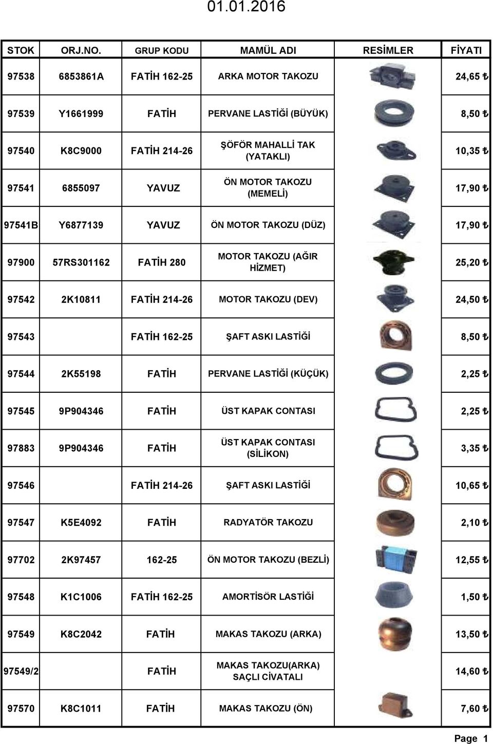 97541 6855097 YAVUZ ÖN MOTOR TAKOZU (MEMELİ) 17,90 97541B Y6877139 YAVUZ ÖN MOTOR TAKOZU (DÜZ) 17,90 97900 57RS301162 FATİH 280 MOTOR TAKOZU (AĞIR HİZMET) 25,20 97542 2K10811 FATİH 214-26 MOTOR