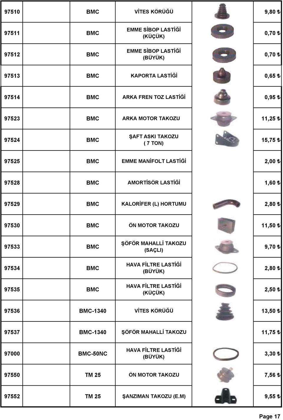 2,80 97530 BMC ÖN MOTOR TAKOZU 11,50 97533 BMC ŞÖFÖR MAHALLİ TAKOZU (SAÇLI) 9,70 97534 BMC HAVA FİLTRE LASTİĞİ (BÜYÜK) 2,80 97535 BMC HAVA FİLTRE LASTİĞİ (KÜÇÜK) 2,50 97536 BMC-1340