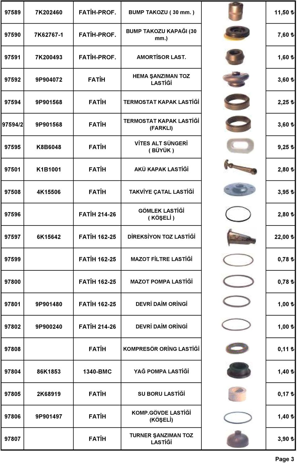 SÜNGERİ ( BÜYÜK ) 9,25 97501 K1B1001 FATİH AKÜ KAPAK LASTİĞİ 2,80 97508 4K15506 FATİH TAKVİYE ÇATAL LASTİĞİ 3,95 97596 FATİH 214-26 GÖMLEK LASTİĞİ ( KÖŞELİ ) 2,80 97597 6K15642 FATİH 162-25