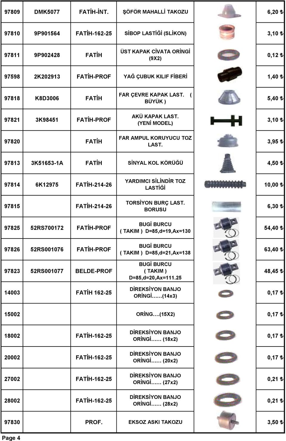 K8D3006 FATİH FAR ÇEVRE KAPAK LAST. ( BÜYÜK ) 5,40 97821 3K98451 FATİH-PROF AKÜ KAPAK LAST. (YENİ MODEL) 3,10 97820 FATİH FAR AMPUL KORUYUCU TOZ LAST.