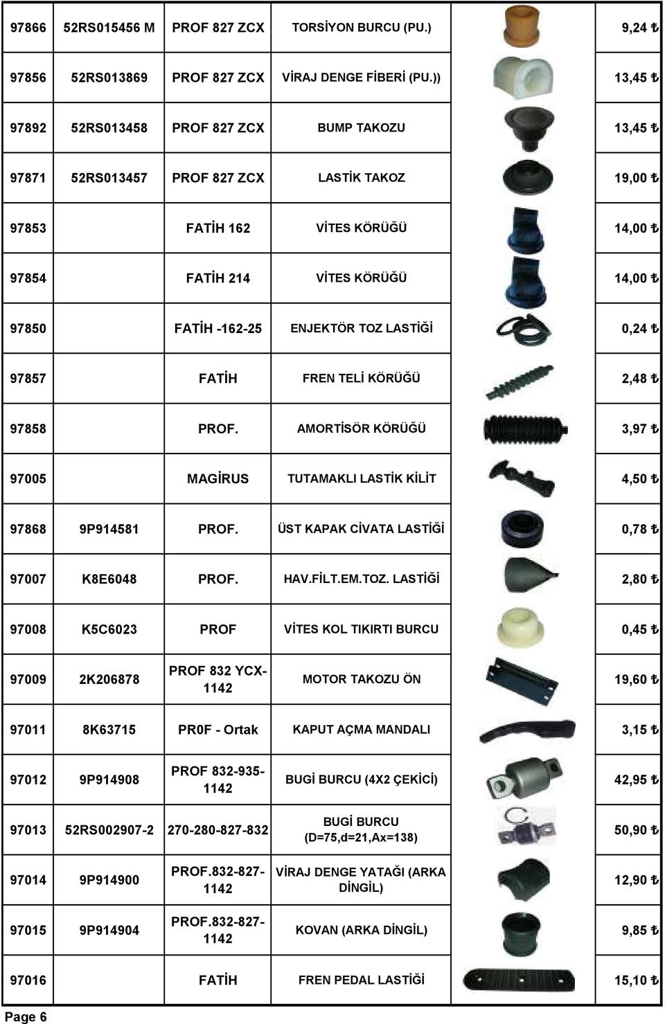 ENJEKTÖR TOZ LASTİĞİ 0,24 97857 FATİH FREN TELİ KÖRÜĞÜ 2,48 97858 PROF. AMORTİSÖR KÖRÜĞÜ 3,97 97005 MAGİRUS TUTAMAKLI LASTİK KİLİT 4,50 97868 9P914581 PROF.