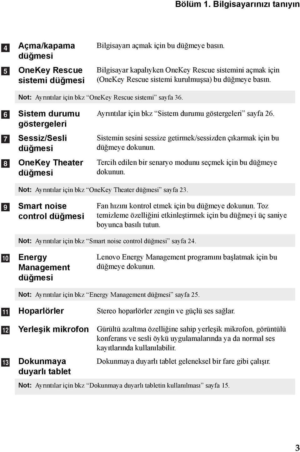 f g h Sistem durumu göstergeleri Sessiz/Sesli düğmesi OneKey Theater düğmesi Ayrıntılar için bkz Sistem durumu göstergeleri sayfa 26.