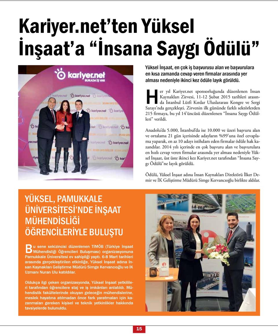 Her yıl net sponsorluğunda düzenlenen İnsan Kaynakları Zirvesi, 11-12 Şubat 2015 tarihleri arasında İstanbul Lütfi Kırdar Uluslararası Kongre ve Sergi Sarayı nda gerçekleşti.