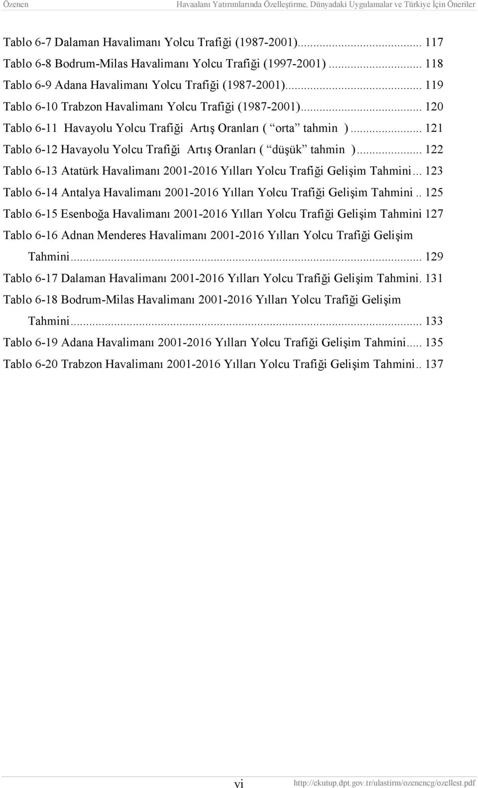 .. 121 Tablo 6-12 Havayolu Yolcu Trafiği Artış Oranları ( düşük tahmin )... 122 Tablo 6-13 Atatürk Havalimanı 2001-2016 Yılları Yolcu Trafiği Gelişim Tahmini.