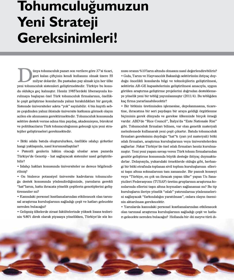 Henüz 1985 lerdeki liberasyonla kurulmaya başlayan özel Türk tohumculuk firmalarının, özellikle çeşit geliştirme konularında yalnız bırakıldıkları bir gerçek.