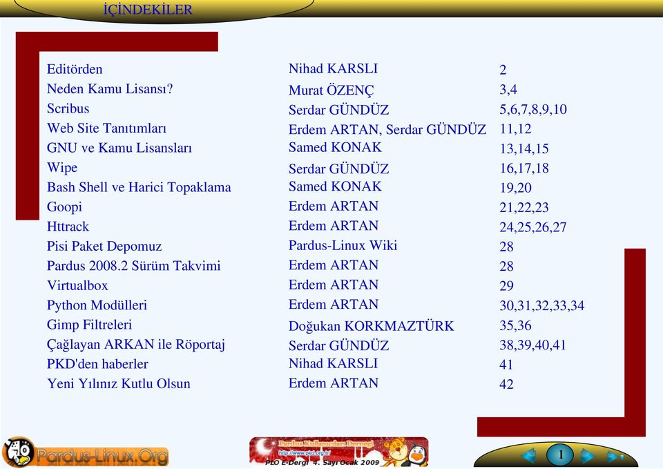 2 Sürüm Takvimi Virtualbox Python Modülleri Gimp Filtreleri Çağlayan ARKAN ile Röportaj PKD'den haberler Yeni Yılınız Kutlu Olsun Nihad KARSLI 2 3,4 Murat ÖZENÇ