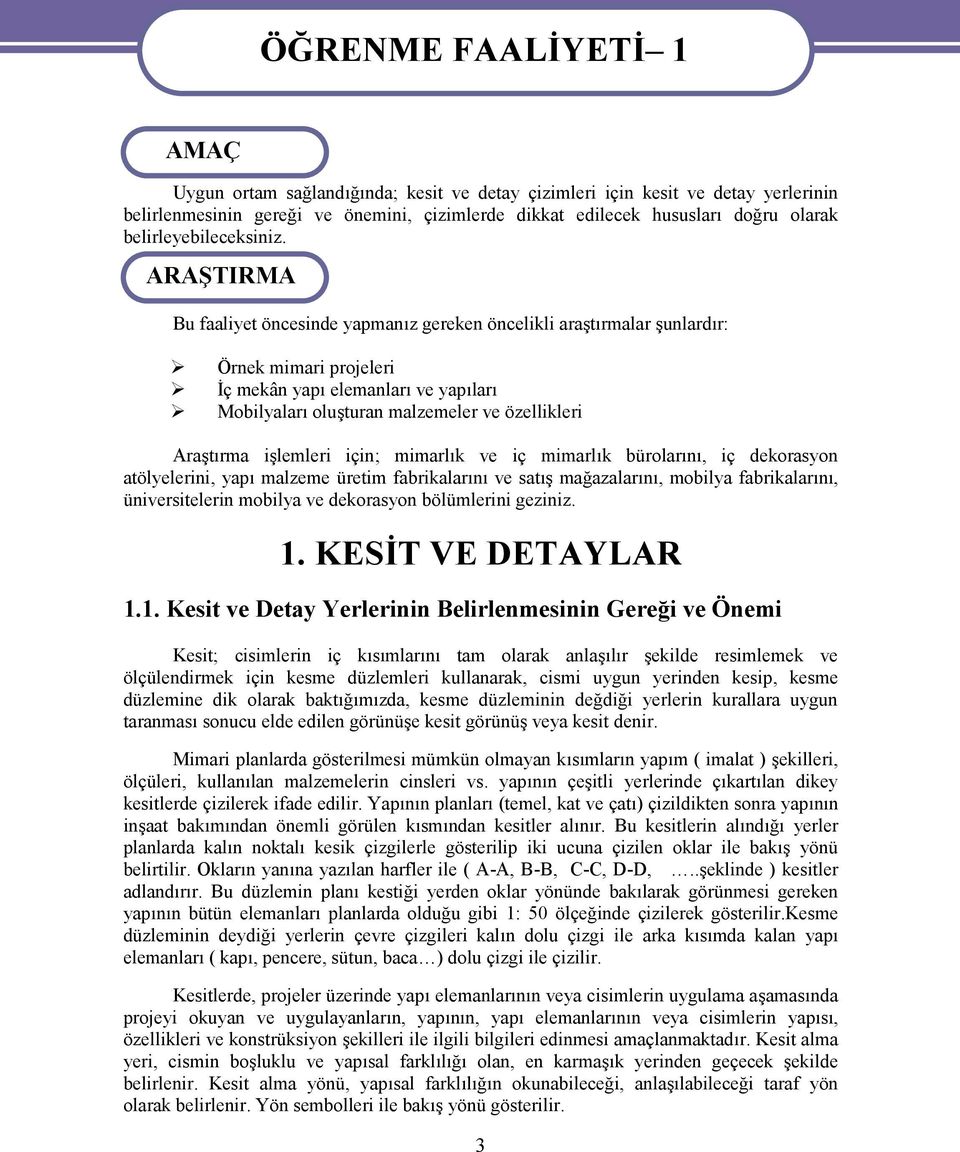 ARAŞTIRMA Bu faaliyet öncesinde yapmanız gereken öncelikli araştırmalar şunlardır: Örnek mimari projeleri İç mekân yapı elemanları ve yapıları Mobilyaları oluşturan malzemeler ve özellikleri