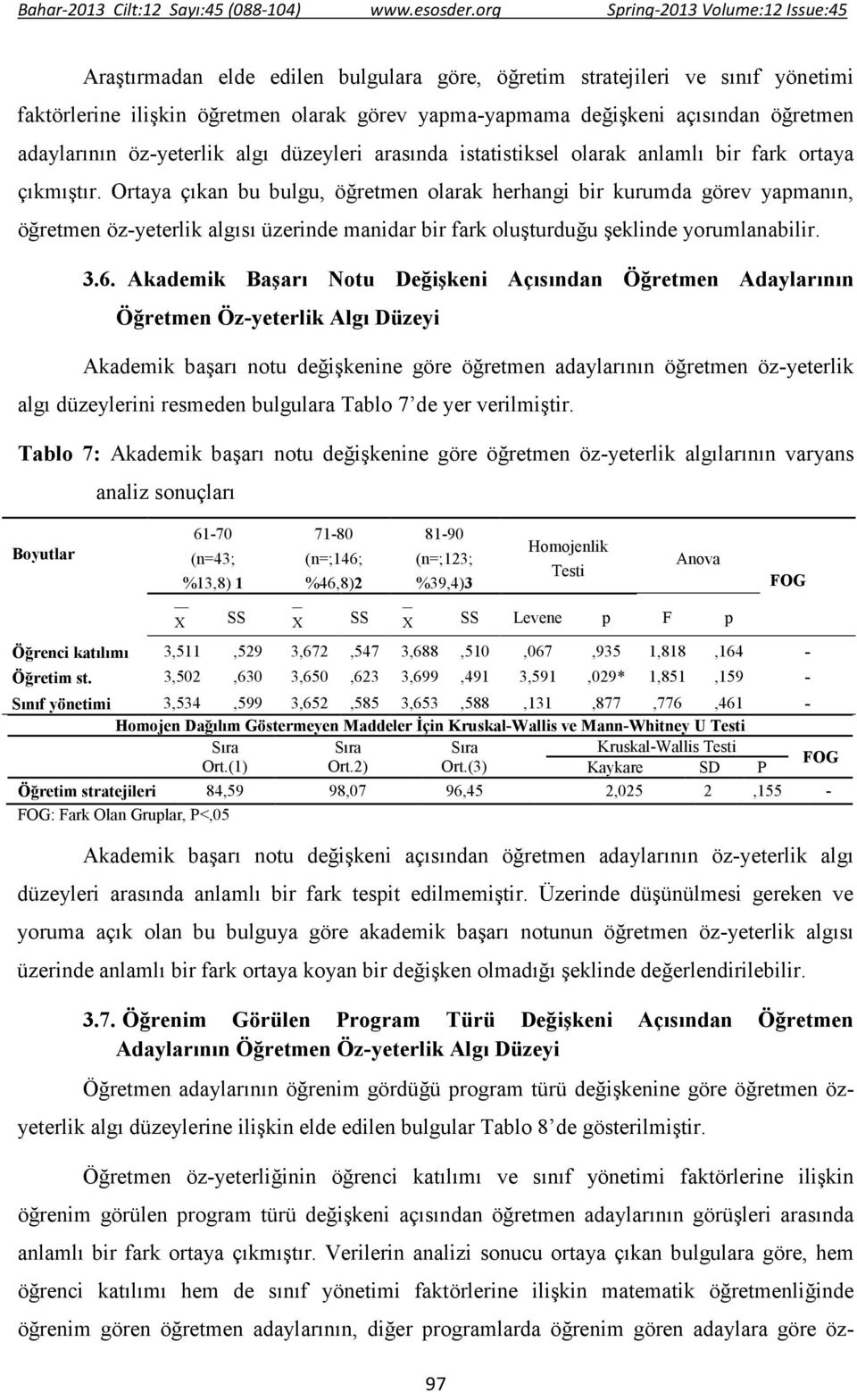 Ortaya çıkan bu bulgu, öğretmen olarak herhangi bir kurumda görev yapmanın, öğretmen öz-yeterlik algısı üzerinde manidar bir fark oluşturduğu şeklinde yorumlanabilir. 3.6.