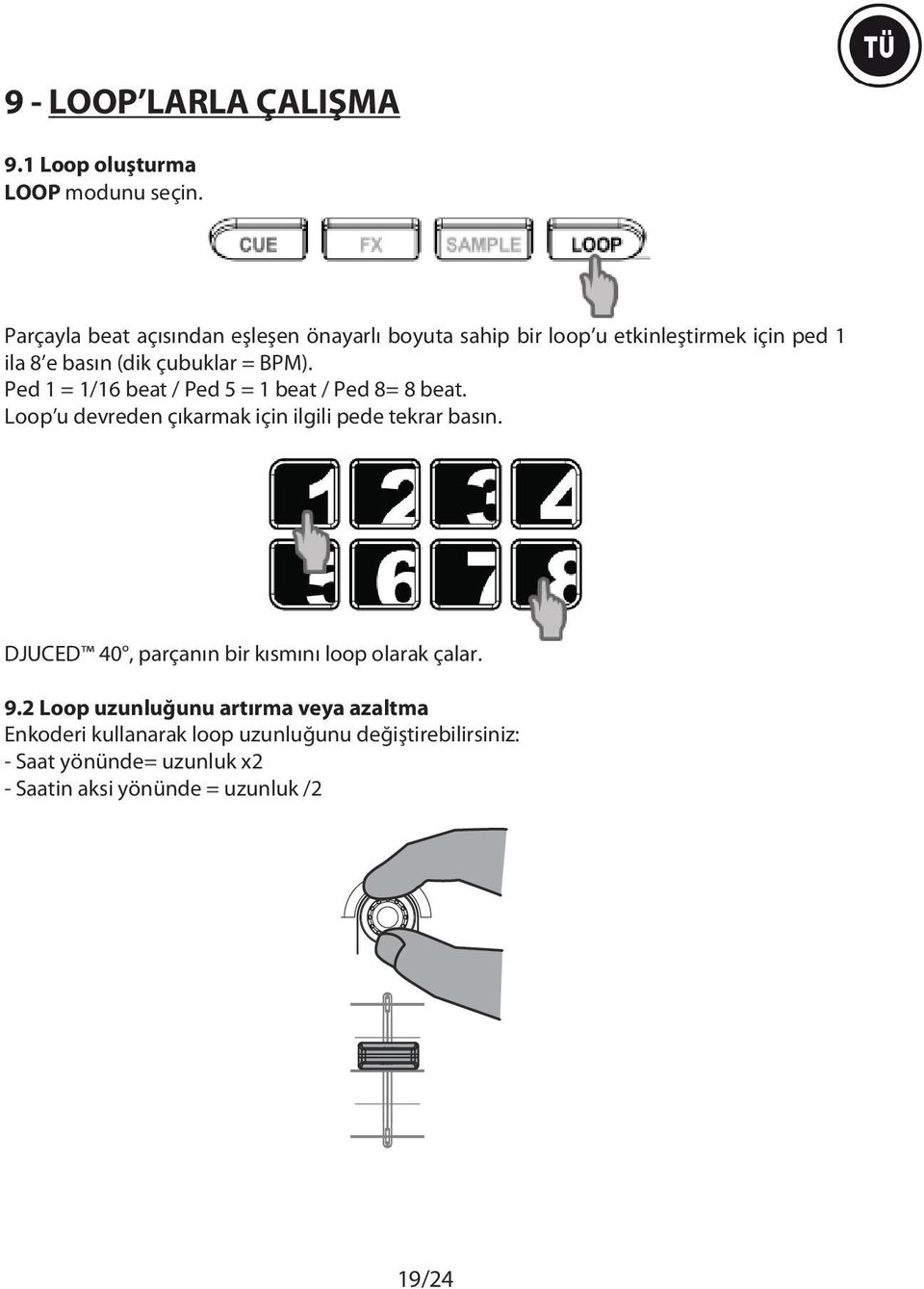 Ped 1 = 1/16 beat / Ped 5 = 1 beat / Ped 8= 8 beat. Loop u devreden çıkarmak için ilgili pede tekrar basın.