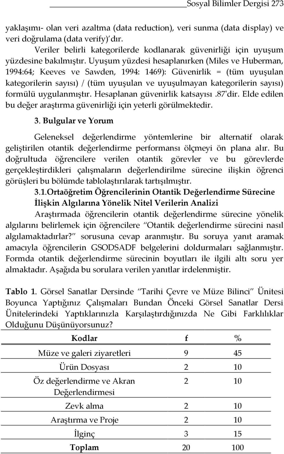 Uyuşum yüzdesi hesaplanırken (Miles ve Huberman, 1994:64; Keeves ve Sawden, 1994: 1469): Güvenirlik = (tüm uyuşulan kategorilerin sayısı) / (tüm uyuşulan ve uyuşulmayan kategorilerin sayısı) formülü