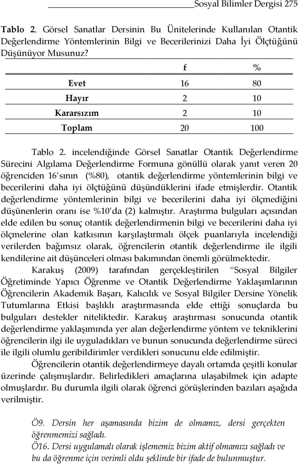 incelendiğinde Görsel Sanatlar Otantik Değerlendirme Sürecini Algılama Değerlendirme Formuna gönüllü olarak yanıt veren 20 öğrenciden 16 sının (%80), otantik değerlendirme yöntemlerinin bilgi ve