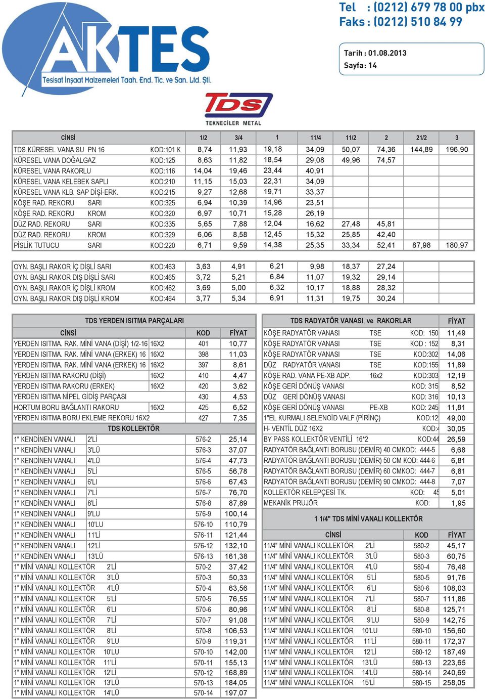 KÜRESEL VANA SU PN 16 KOD:101 K 8,74 11,93 19,18 34,09 50,07 74,36 144,89 196,90 KÜRESEL VANA DOĞALGAZ KOD:125 8,63 11,82 18,54 29,08 49,96 74,57 KÜRESEL VANA RAKORLU KOD:116 14,04 19,46 23,44 40,91