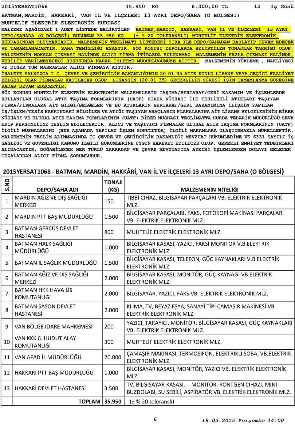 BÖLGESİ) BULUNAN 5.950 KG (± % 0 TOLERANSLI) MUHTELİF ELEKTRİK ELEKTRONİK HURDASINDAN OLUŞMAKTADIR. MALZEMENİN TESLİMATI LİSTEDEKİ SIRA İLE DEPO/SAHADAN BAŞLAYIP DEVAM EDECEK VE TAMAMLANACAKTIR.