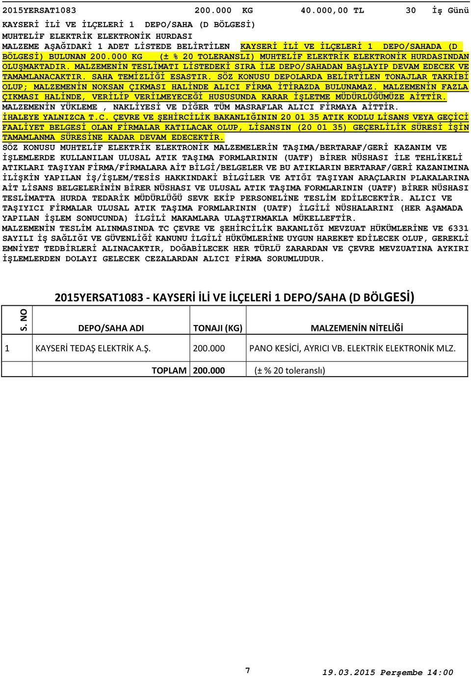 SÖZ KONUSU DEPOLARDA BELİRTİLEN TONAJLAR TAKRİBİ OLUP; MALZEMENİN NOKSAN ÇIKMASI HALİNDE ALICI FİRMA İTİRAZDA BULUNAMAZ.